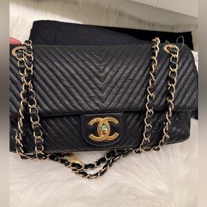 Chanel Black Chevron Leather Medallion Charm Flap Bag